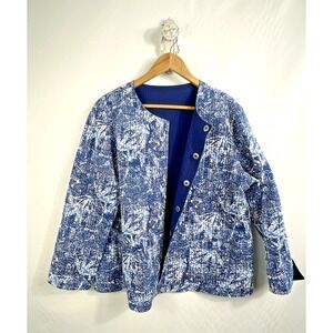 Chico's Reversible Quilted Jacket Button Front Size 3 XL Blue Pockets